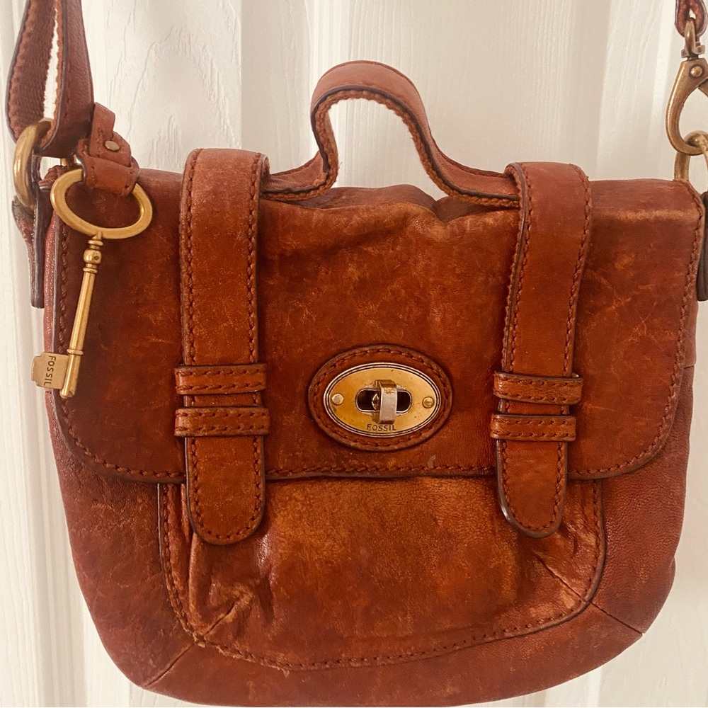 Fossil Messenger Bag Crossbody Satchel Handbag Shoulder Brown Leather